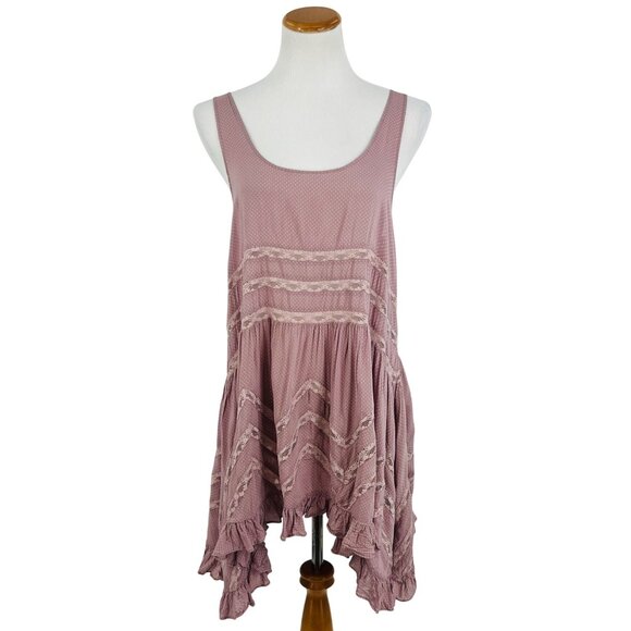 Free People Pink Tiered Ruffle Voile & Lace Mini Slip Dress | Cottagecore Boho M - Picture 11 of 16
